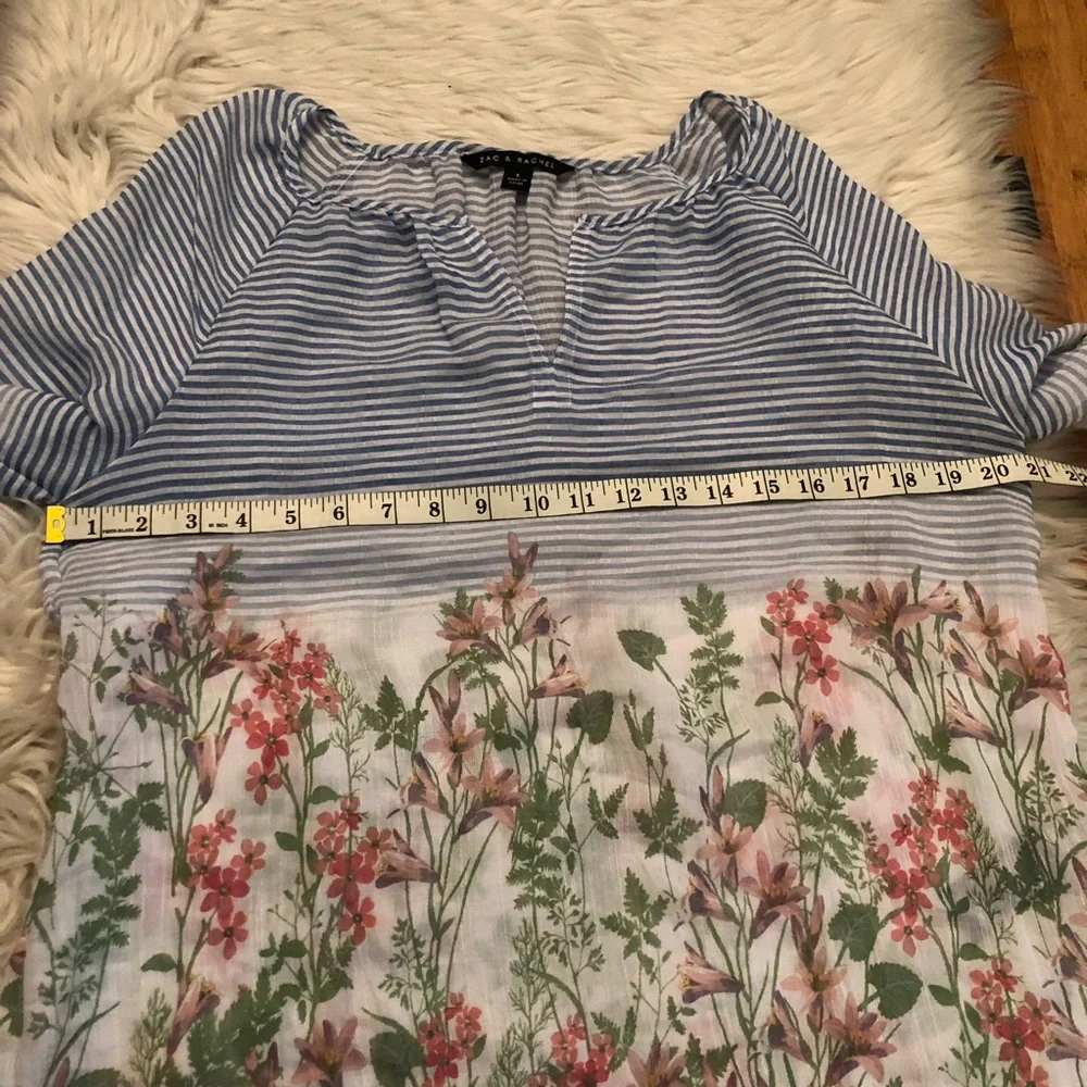 Zac & Rachel Boho Semi Sheer Peasant Floral Prints Stripe Puff Sleeves size S